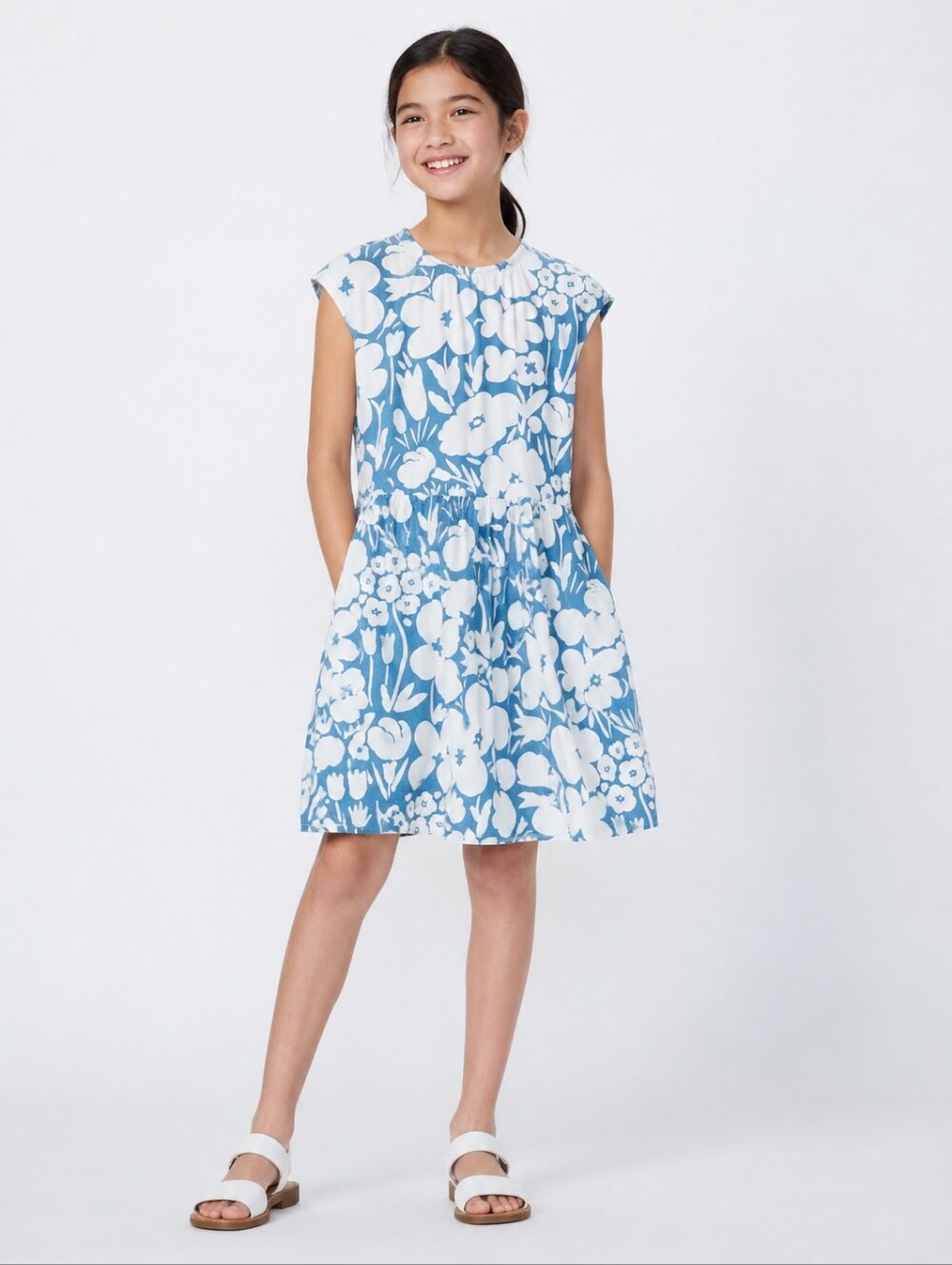 Marimekko x Uniqlo Kids Floral Cotton Dress | Blue & White | Size 11-12